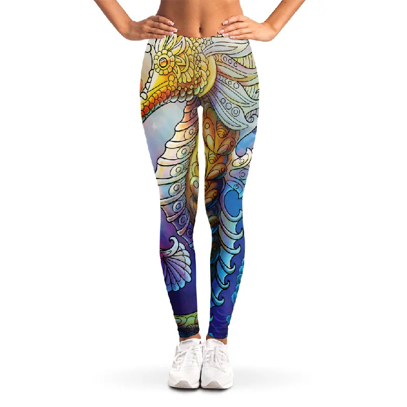 Colorful Seahorse Print Women's Leggings Trendy Tie-Dye Leggings