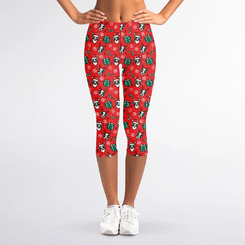 Christmas Cow Pattern Print Women's Capri Leggings Cozy Reflective Detail Leggings