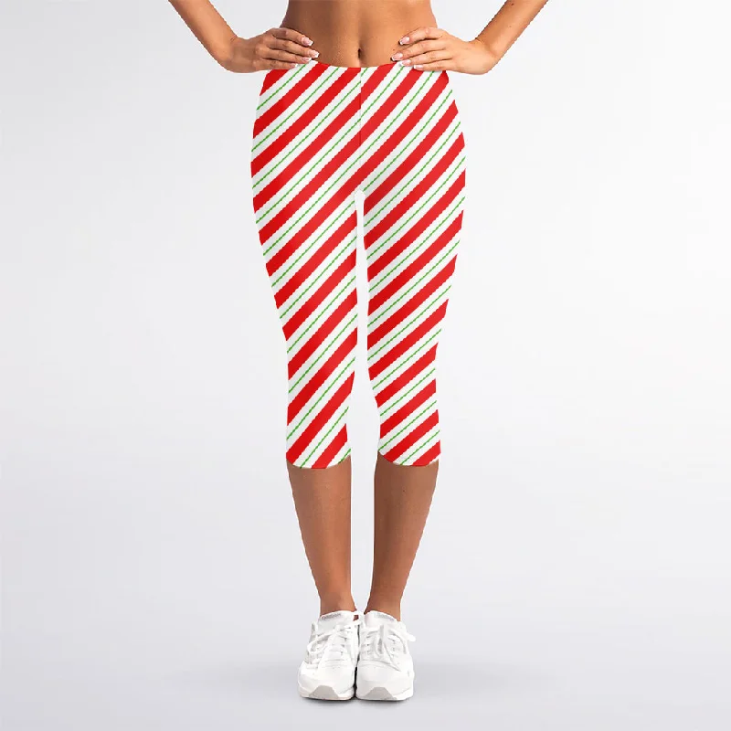 Christmas Candy Cane Stripe Print Women's Capri Leggings Comfortable Classic Yoga Leggings Christmas Candy Cane Stripe Print Women's Capri Leggings Comfortable Classic Yoga Leggings