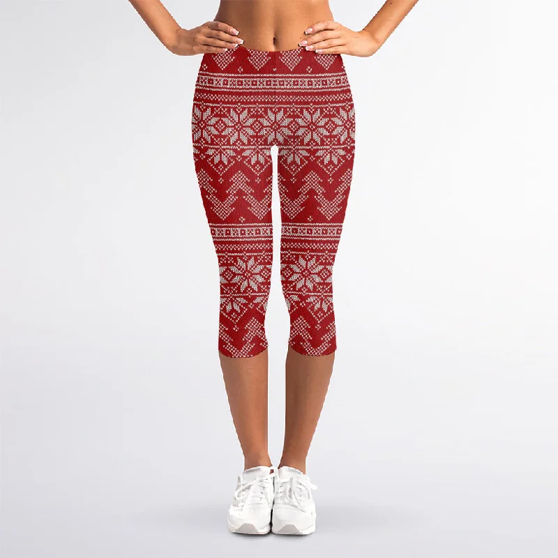 Christmas Festive Knitted Pattern Print Women's Capri Leggings Comfortable Yoga Tights Leggings Christmas Festive Knitted Pattern Print Women's Capri Leggings Comfortable Yoga Tights Leggings