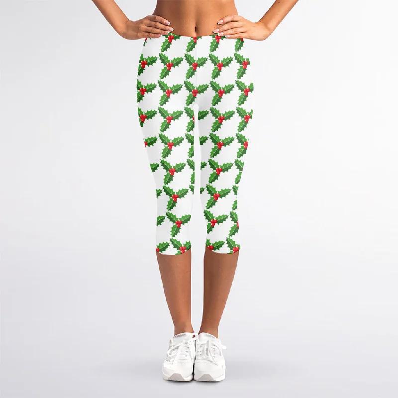Christmas Holly Berry Pattern Print Women's Capri Leggings Comfortable Workout Fitness Leggings Christmas Holly Berry Pattern Print Women's Capri Leggings Comfortable Workout Fitness Leggings