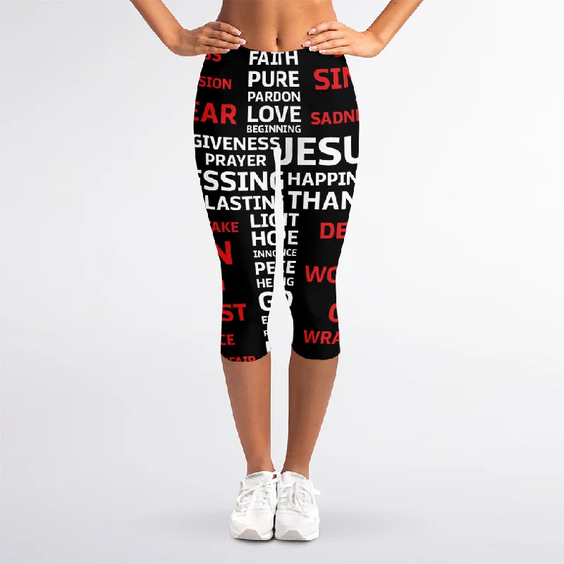 Christian Cross Religious Words Print Women's Capri Leggings Chic Printed Yoga Pants Christian Cross Religious Words Print Women's Capri Leggings Chic Printed Yoga Pants