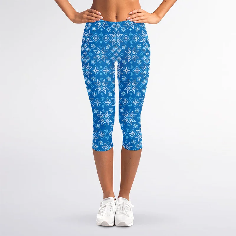 Christmas Nordic Knitted Pattern Print Women's Capri Leggings Casual Slim-Fit Leggings