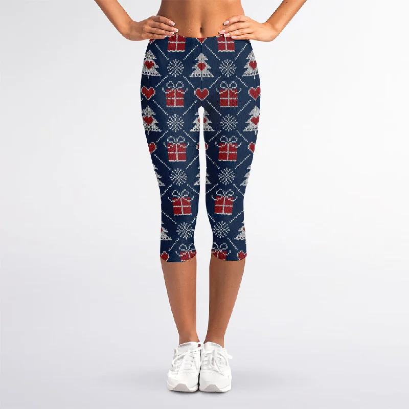 Christmas Gift Knitted Pattern Print Women's Capri Leggings Elegant Stretchy Faux Leather Leggings Christmas Gift Knitted Pattern Print Women's Capri Leggings Elegant Stretchy Faux Leather Leggings
