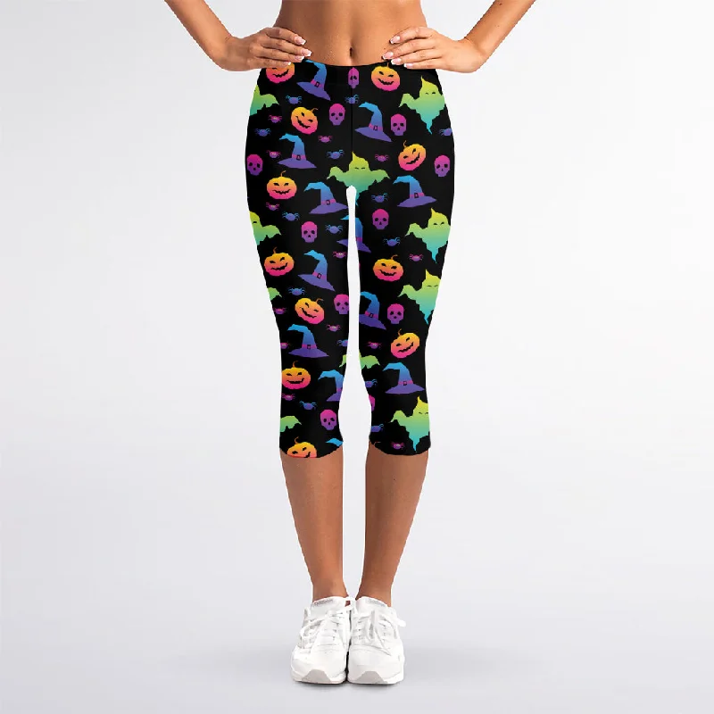 Colorful Halloween Party Pattern Print Women's Capri Leggings Trendy Foil Finish Leggings Colorful Halloween Party Pattern Print Women's Capri Leggings Trendy Foil Finish Leggings