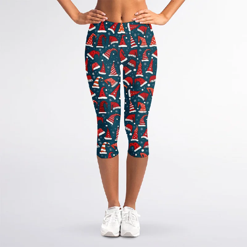 Christmas Santa Hats Pattern Print Women's Capri Leggings Comfortable Wide-Band Leggings Christmas Santa Hats Pattern Print Women's Capri Leggings Comfortable Wide-Band Leggings