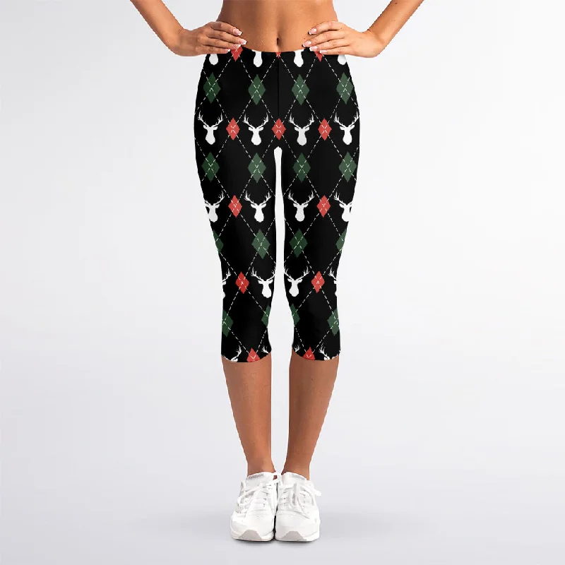 Christmas Deer Argyle Pattern Print Women's Capri Leggings Stylish Stretch Pants Leggings Christmas Deer Argyle Pattern Print Women's Capri Leggings Stylish Stretch Pants Leggings