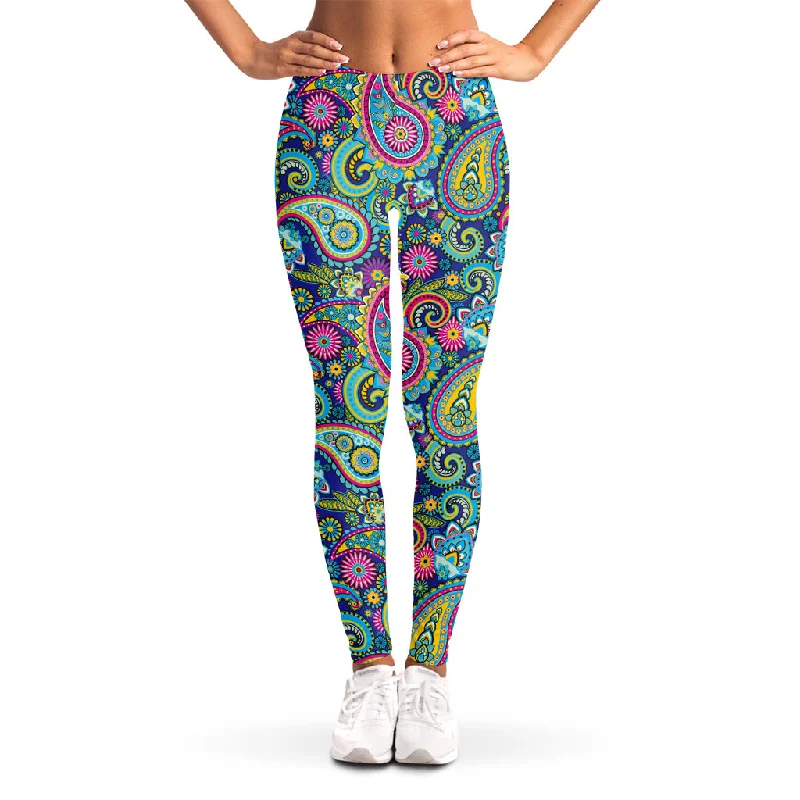 Colorful Paisley Pattern Print Women's Leggings Trendy Polka Dot Leggings