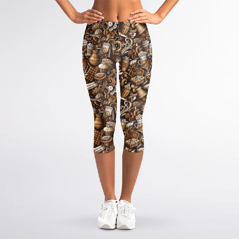 Coffee And Dessert Drawing Pattern Print Women's Capri Leggings Fashionable Seamless Leggings Coffee And Dessert Drawing Pattern Print Women's Capri Leggings Fashionable Seamless Leggings