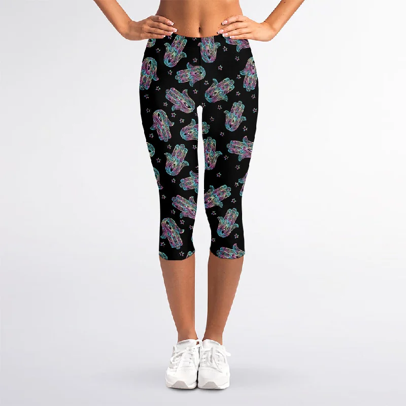 Colorful Hamsa Hand Print Women's Capri Leggings Comfortable Yoga Tights Leggings