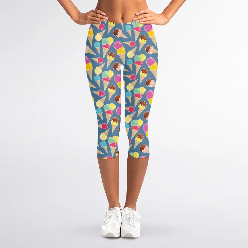 Colorful Ice Cream Pattern Print Women's Capri Leggings Casual Slim-Fit Leggings