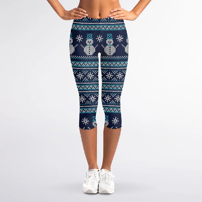 Christmas Snowman Knitted Pattern Print Women's Capri Leggings Cozy Yoga Compression Leggings Christmas Snowman Knitted Pattern Print Women's Capri Leggings Cozy Yoga Compression Leggings