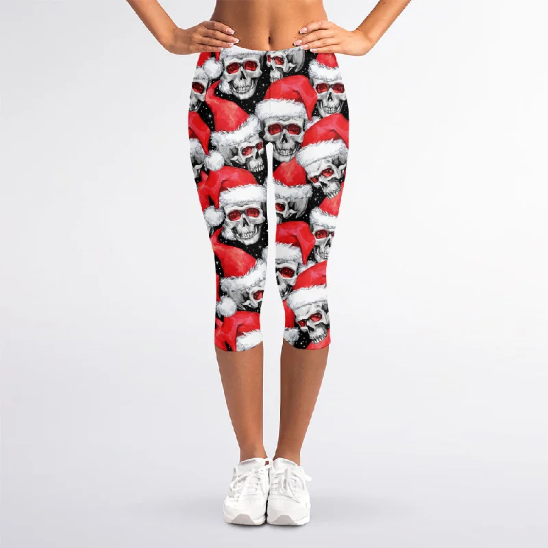 Christmas Santa Skull Pattern Print Women's Capri Leggings Trendy Leather-Look Workout Leggings Christmas Santa Skull Pattern Print Women's Capri Leggings Trendy Leather-Look Workout Leggings