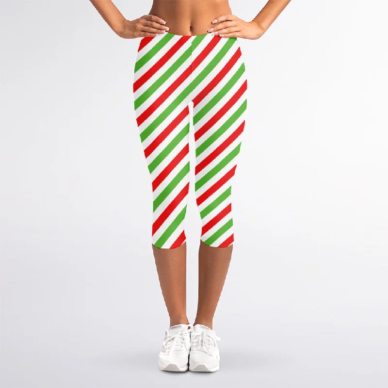 Christmas Candy Cane Striped Print Women's Capri Leggings Comfortable Cold Weather Leggings Christmas Candy Cane Striped Print Women's Capri Leggings Comfortable Cold Weather Leggings