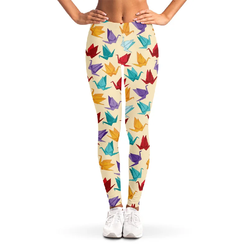Colorful Origami Crane Pattern Print Women's Leggings Comfortable Slip-On Leggings