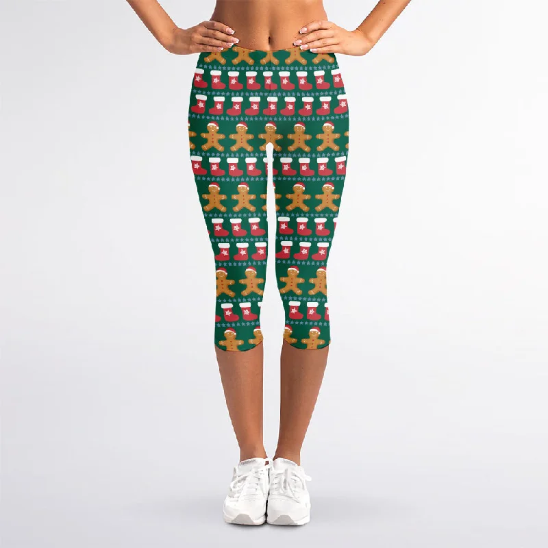Christmas Gingerbread Man Pattern Print Women's Capri Leggings Chic Velvet Soft Leggings Christmas Gingerbread Man Pattern Print Women's Capri Leggings Chic Velvet Soft Leggings
