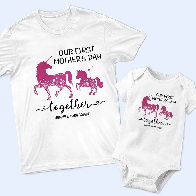 Our First Mother's Day - Gift For Mom And Her Baby - Personalized Combo T Shirt And Baby Onesie Hooded Caped Shawl Collar Our First Mother's Day - Gift For Mom And Her Baby - Personalized Combo T Shirt And Baby Onesie Hooded Caped Shawl Collar