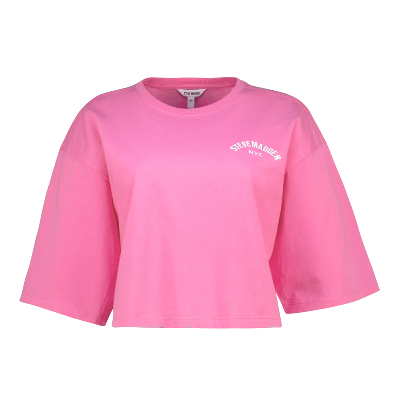 STELLA BRIGHT PINK OVERSIZED CROPPED LOGO T-SHIRT Spandex Blend Rayon Blend Denim Blend