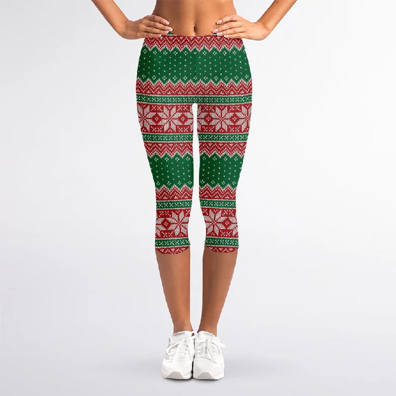 Christmas Knitted Pattern Print Women's Capri Leggings Chic Floral Print Leggings