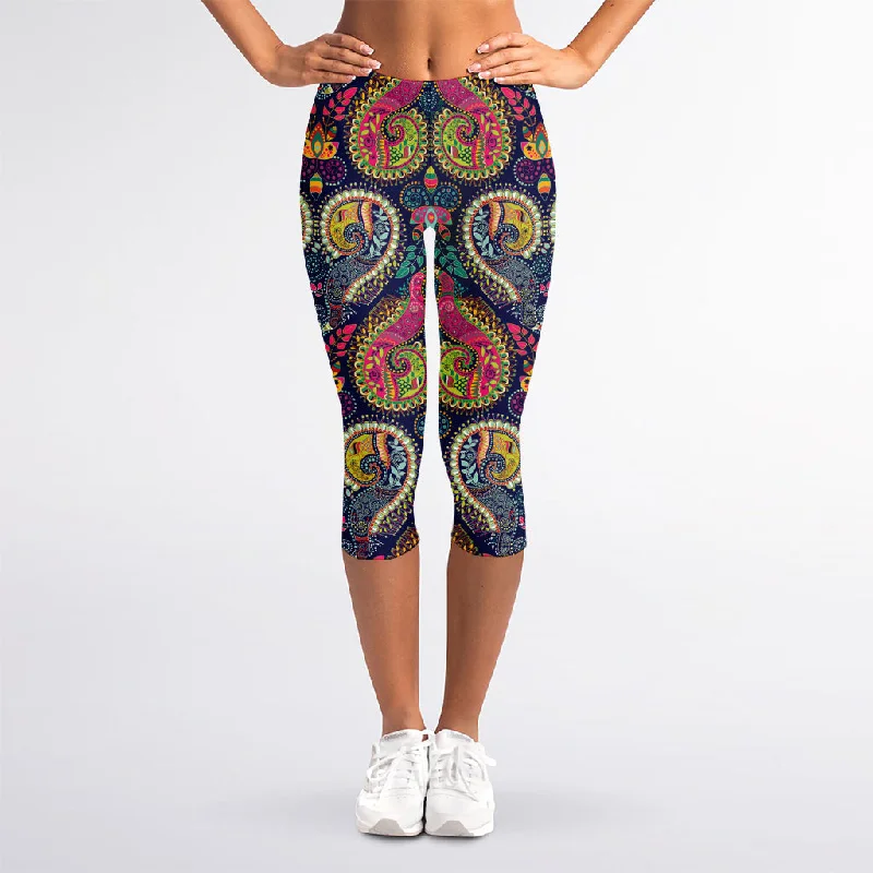 Colorful Boho Paisley Pattern Print Women's Capri Leggings Trendy Full-Length Leggings