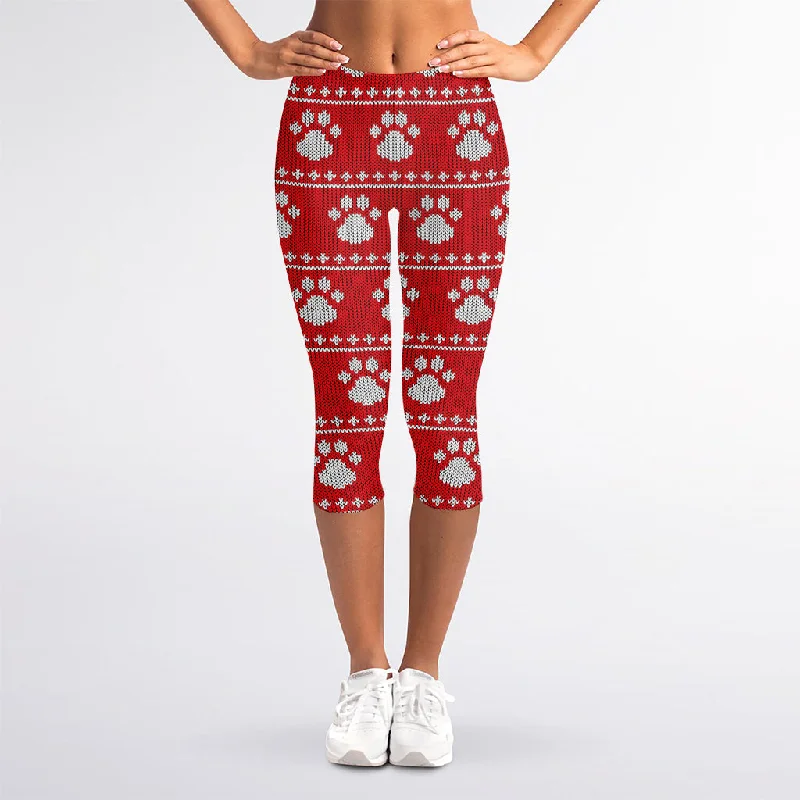 Christmas Paw Knitted Pattern Print Women's Capri Leggings Fashionable Lacy Detail Leggings Christmas Paw Knitted Pattern Print Women's Capri Leggings Fashionable Lacy Detail Leggings