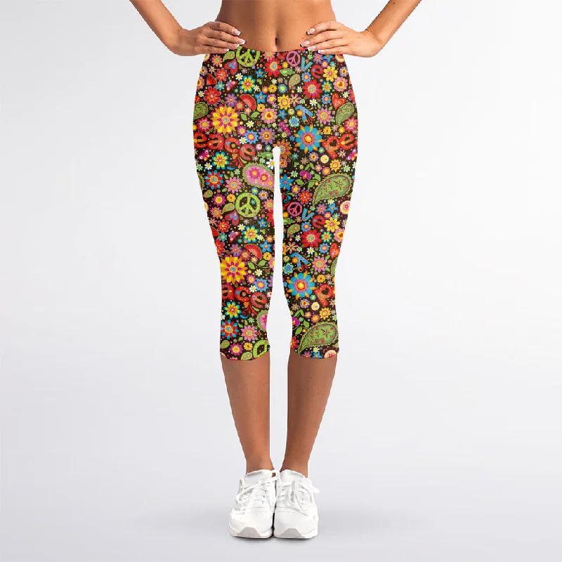 Colorful Hippie Peace Symbols Print Women's Capri Leggings Trendy Ombre Effect Leggings Colorful Hippie Peace Symbols Print Women's Capri Leggings Trendy Ombre Effect Leggings