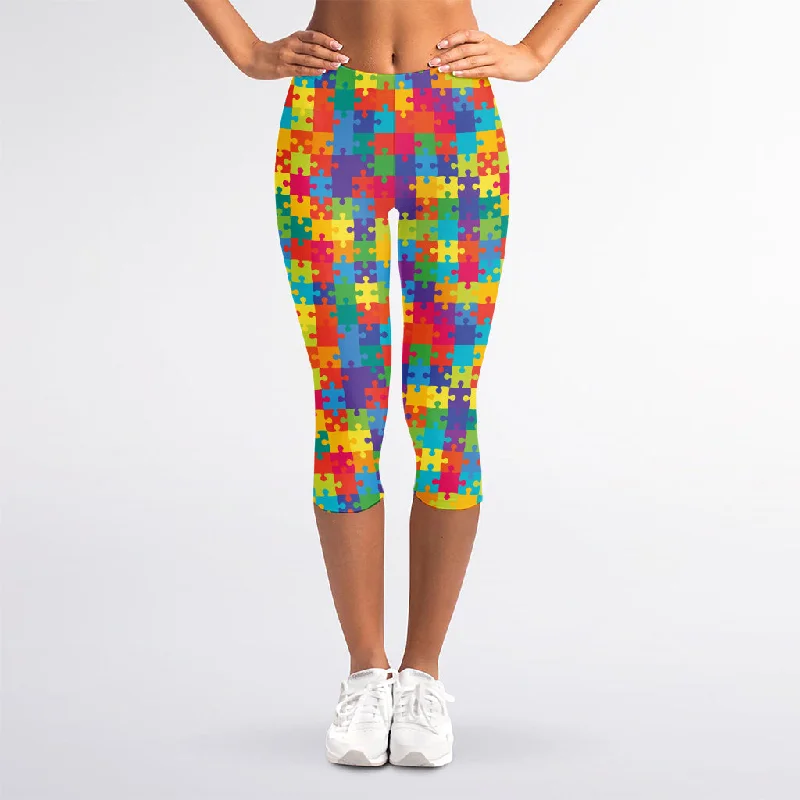 Colorful Autism Awareness Jigsaw Print Women's Capri Leggings Stylish Ankle-Length Leggings Colorful Autism Awareness Jigsaw Print Women's Capri Leggings Stylish Ankle-Length Leggings