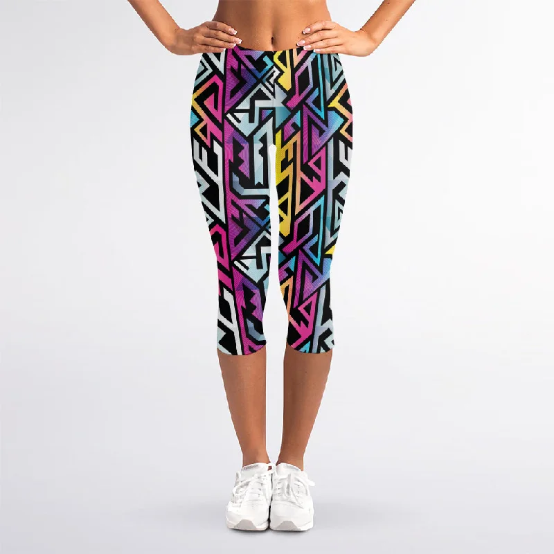 Colorful Geometric Tribal Pattern Print Women's Capri Leggings Fashionable Solid Color Tights Colorful Geometric Tribal Pattern Print Women's Capri Leggings Fashionable Solid Color Tights