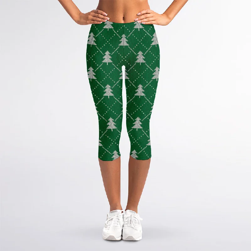 Christmas Tree Knitted Pattern Print Women's Capri Leggings Trendy Digital Print Leggings Christmas Tree Knitted Pattern Print Women's Capri Leggings Trendy Digital Print Leggings