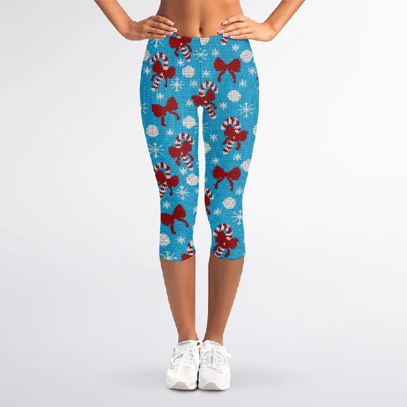 Christmas Party Knitted Pattern Print Women's Capri Leggings Elegant Velvet Leggings