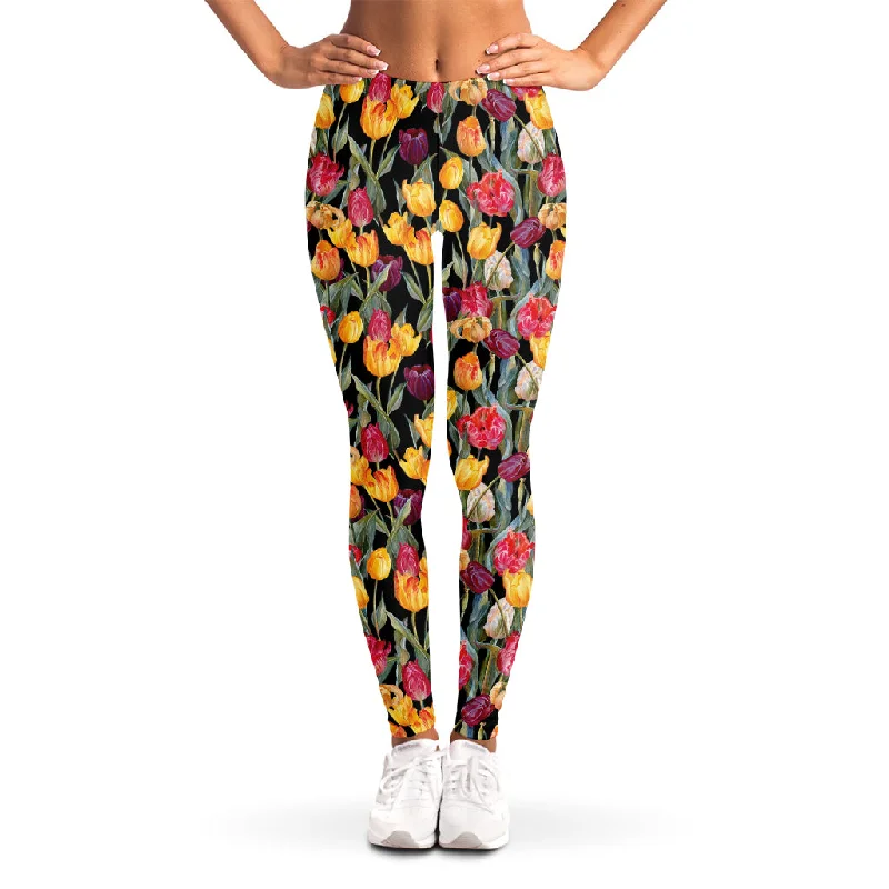 Colorful Watercolor Tulip Pattern Print Women's Leggings Trendy High-Compression Leggings Colorful Watercolor Tulip Pattern Print Women's Leggings Trendy High-Compression Leggings
