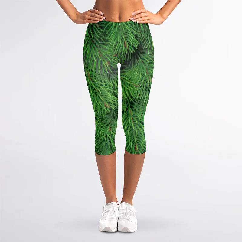 Christmas Tree Branches Print Women's Capri Leggings Stylish Compression Fit Leggings Christmas Tree Branches Print Women's Capri Leggings Stylish Compression Fit Leggings
