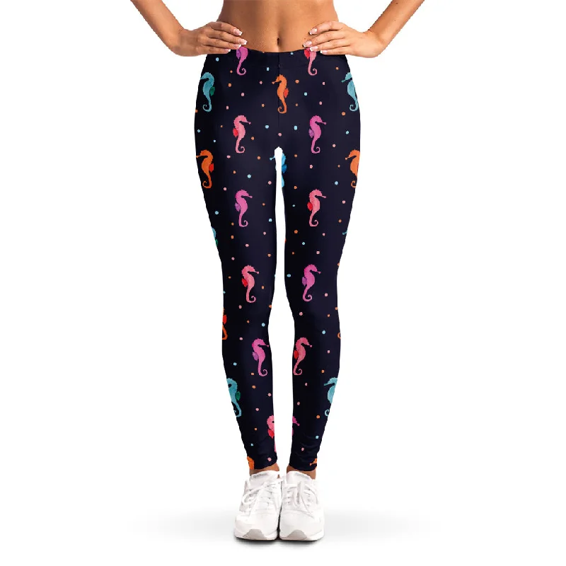 Colorful Seahorse Pattern Print Women's Leggings Cozy Ribbed Leggings