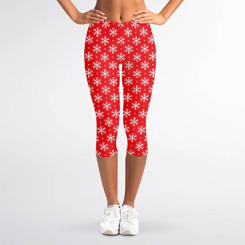 Christmas Snowflake Pattern Print Women's Capri Leggings Elegant Printed Leggings with Pockets Christmas Snowflake Pattern Print Women's Capri Leggings Elegant Printed Leggings with Pockets
