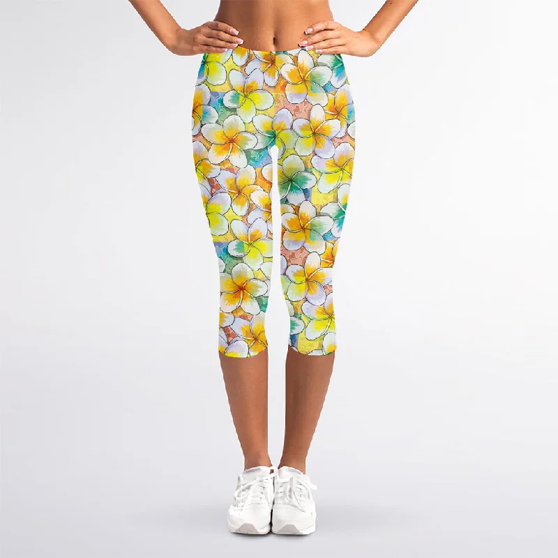 Colorful Frangipani Pattern Print Women's Capri Leggings Trendy High-Waist Tummy Control Leggings Colorful Frangipani Pattern Print Women's Capri Leggings Trendy High-Waist Tummy Control Leggings