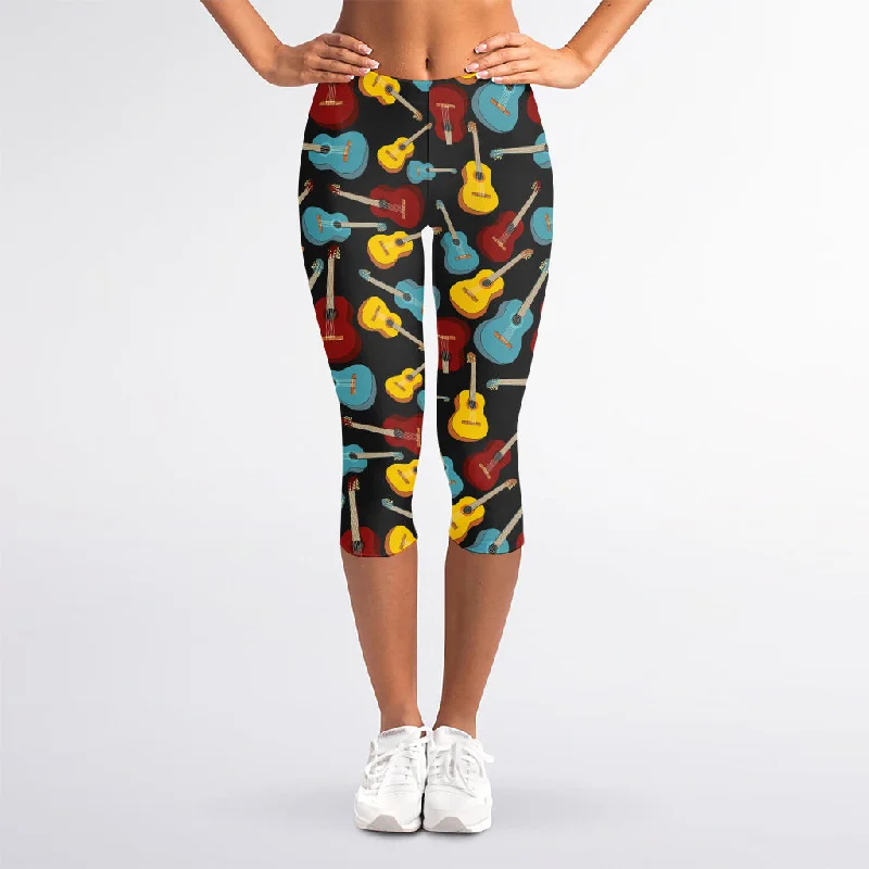 Colorful Guitar Pattern Print Women's Capri Leggings Stylish Pockets Active Leggings Colorful Guitar Pattern Print Women's Capri Leggings Stylish Pockets Active Leggings