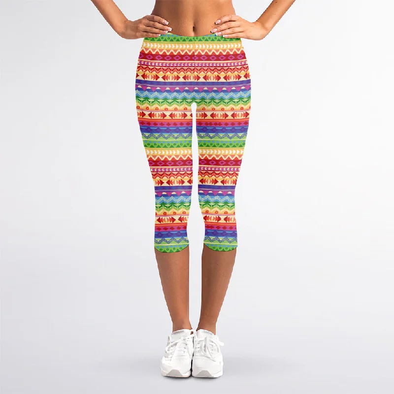 Colorful Aztec Tribal Pattern Print Women's Capri Leggings Comfortable Fleece-Lined Leggings Colorful Aztec Tribal Pattern Print Women's Capri Leggings Comfortable Fleece-Lined Leggings