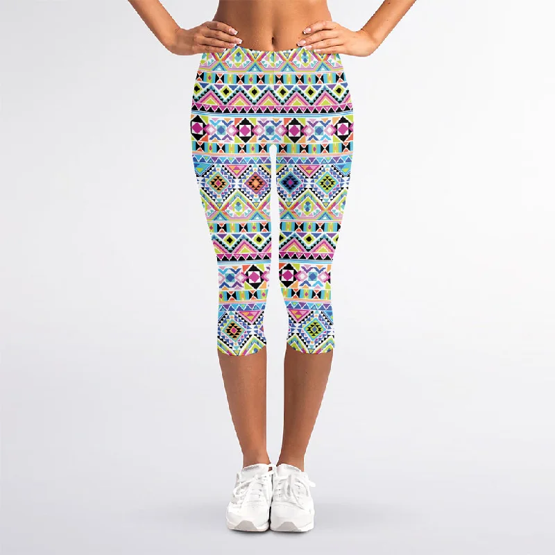 Colorful Aztec Geometric Pattern Print Women's Capri Leggings Trendy Activewear Leggings Colorful Aztec Geometric Pattern Print Women's Capri Leggings Trendy Activewear Leggings