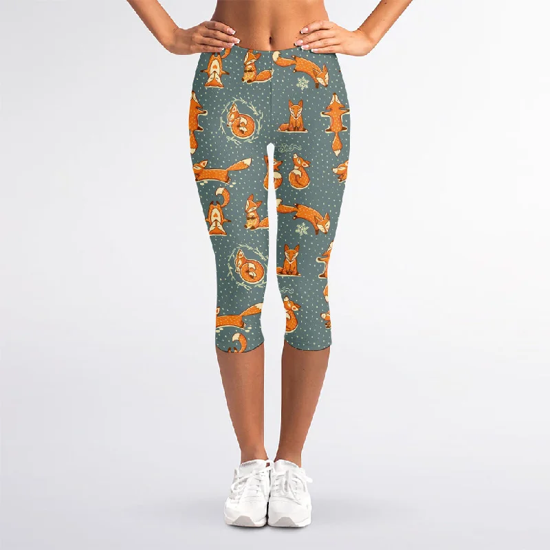 Christmas Fox Pattern Print Women's Capri Leggings Fashionable Quick-Dry Leggings