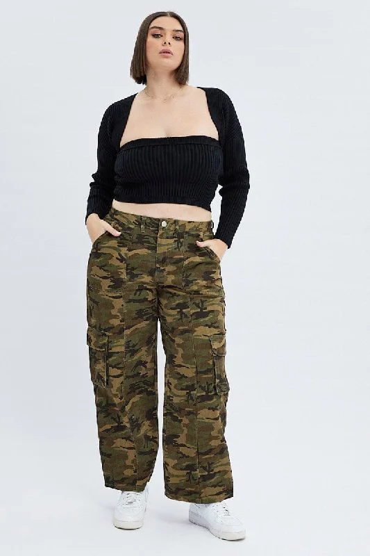 Green Abstract Cargo Pants Camouflage Wide Leg Cotton Drill Comfy Zip-Up Pants