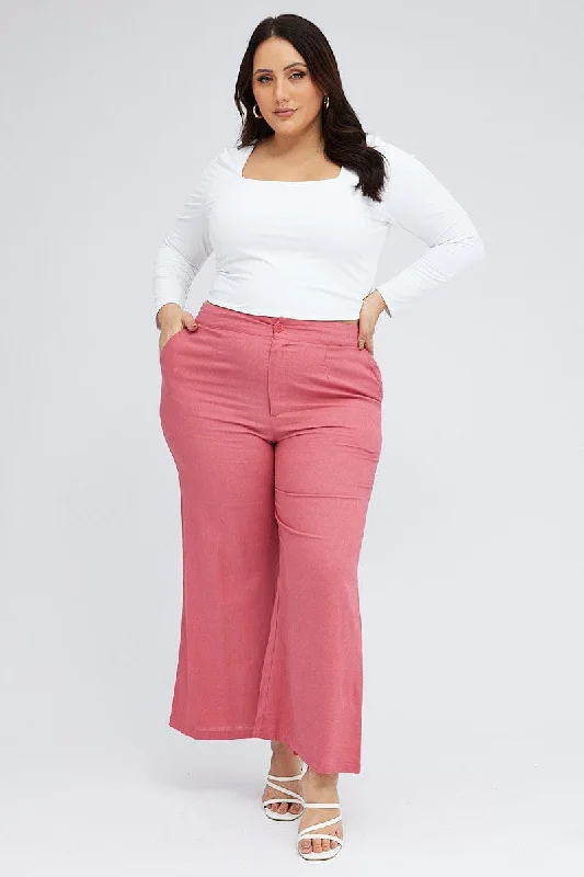 Pink Wide Leg Pants Linen Blend Button Front Trendy High-Waist Trousers