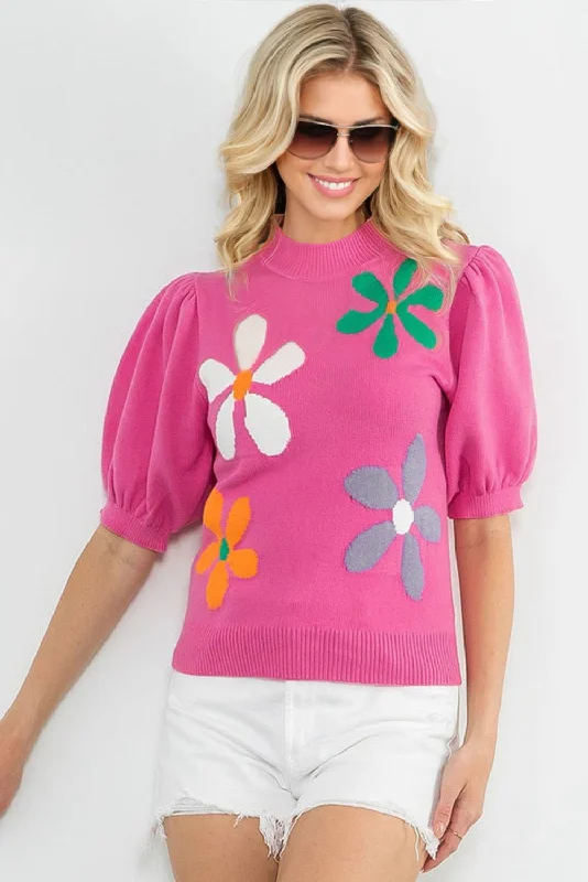 Short Sleeve Daisy Sweater - Pink Ribbed Striped Patterned
