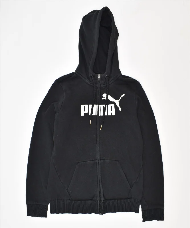 PUMA Womens Graphic Zip Hoodie Sweater UK 8 Small Black Cotton Collared Crew Neck Turtle Neck
