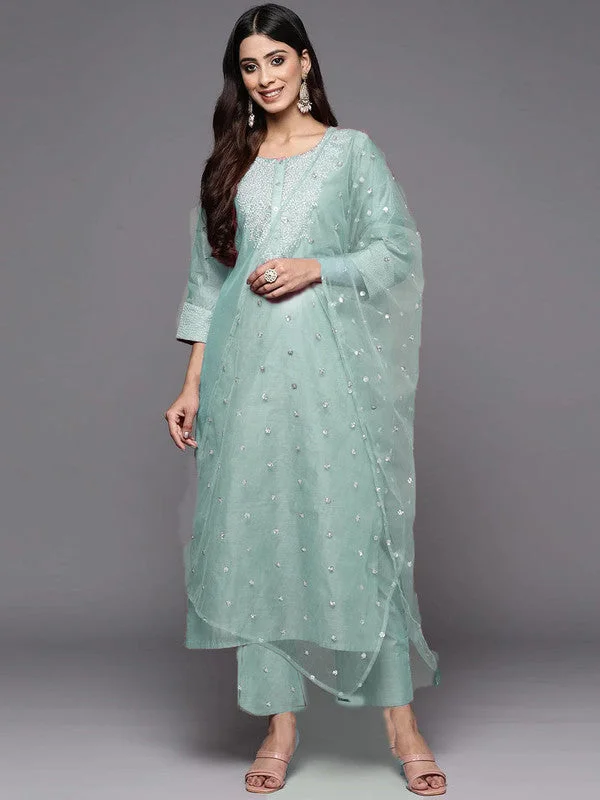 Womens Firozi Gold Poly Silk Embroidery Kurta Pant Set With Dupatta Modern Bootcut Pants