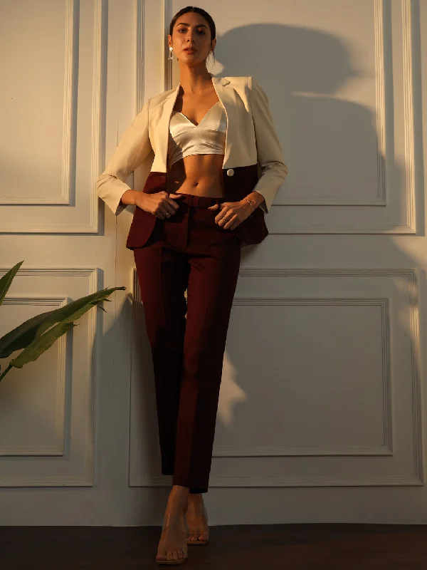Colour Block Notched Collar Pant Suit - Off White and Maroon Trendy Work Pants