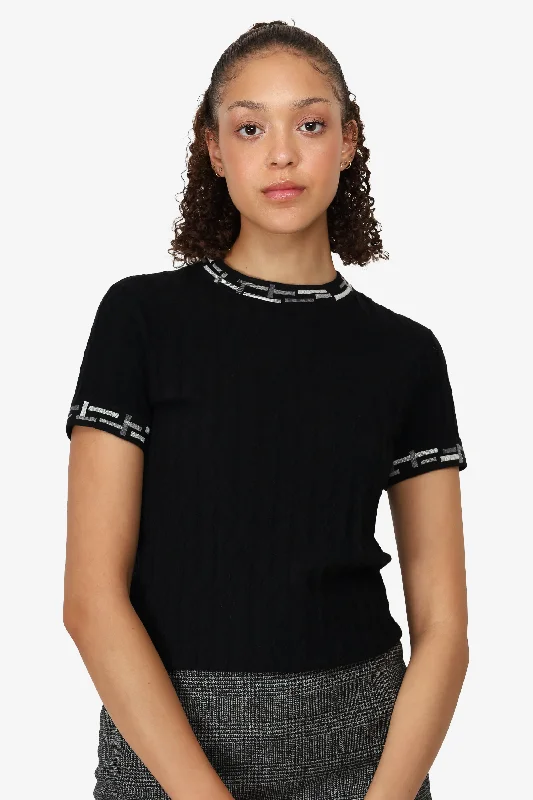 Hermès Black Cashmere/Silk "Do Re Boucles" Short-Sleeve Sweater Size 38 Seamless Knitted Crochet