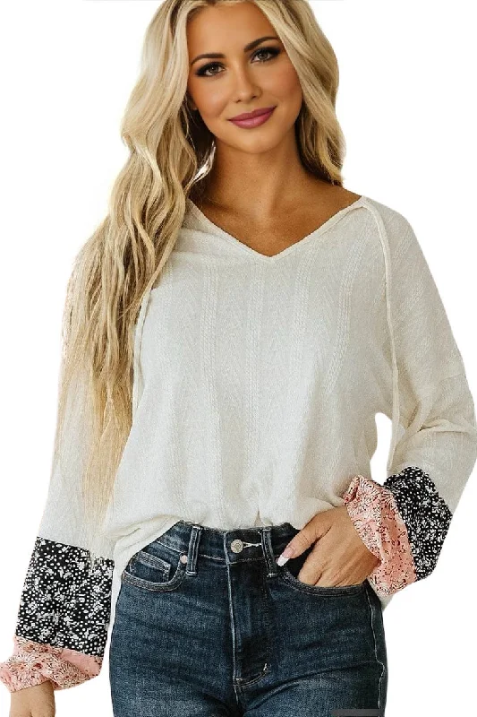 Textured Sweater Hoodie - Ivory and Pink Front Pockets Side Pockets Patch Pockets