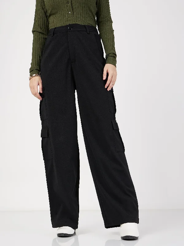 Women Black Multi Pocket Detail Cargo Pants Modern Skinny Pants