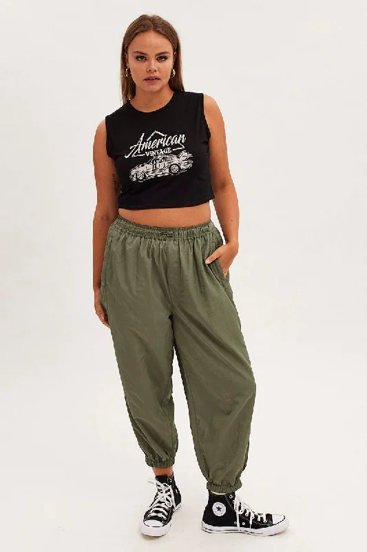 Green Parachute Cargo Pants Mid Rise Wide-Legged Palazzos