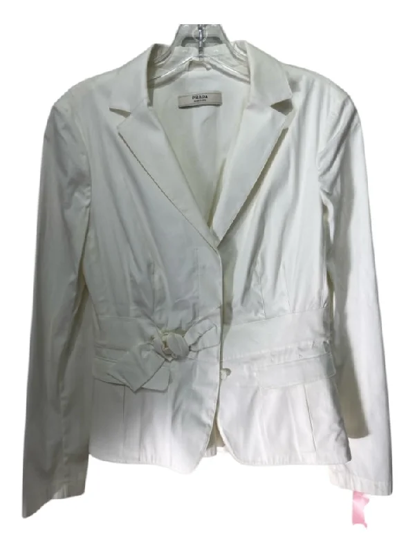 Prada Size 42 Cream White Cotton Blend Long Sleeve Bow Detail Blazer Jacket Hooded Jacket Caped Jacket Shawl Collar Jacket Prada Size 42 Cream White Cotton Blend Long Sleeve Bow Detail Blazer Jacket Hooded Jacket Caped Jacket Shawl Collar Jacket